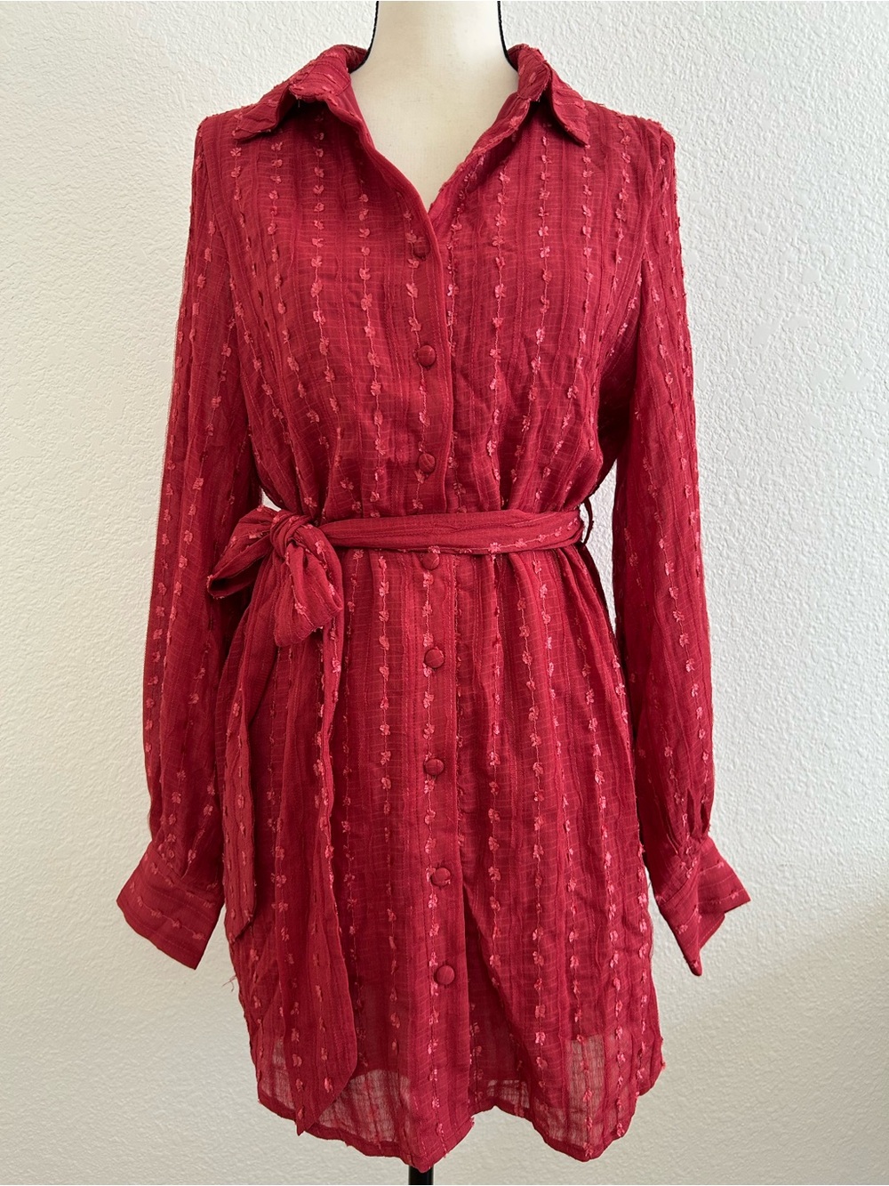 NEW SKYLAR ROSE Size S Cardinals Red Long Sleeve Button Down Short Dress BELTED